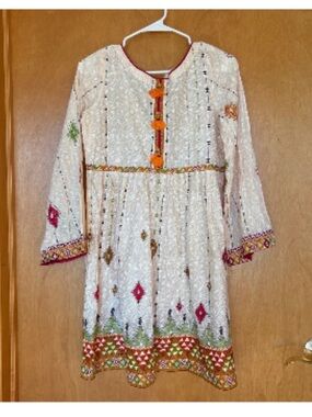 Cream Embroidered Girls' Festive Dress with Multicolor Trim